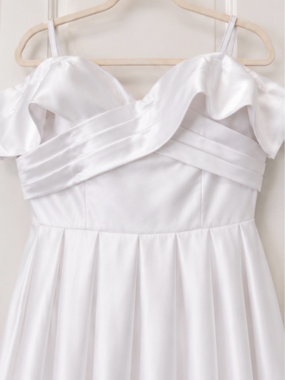 White Ruffle short wedding g Strap Satin Dress